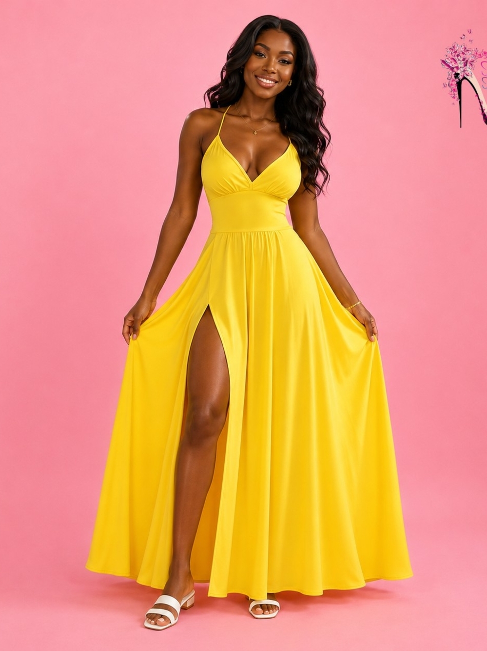 Yellow V-Neck Sleeveless Maxi Dress with Side Slit